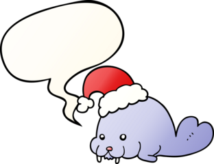 cartoon christmas walrus with speech bubble in smooth gradient style