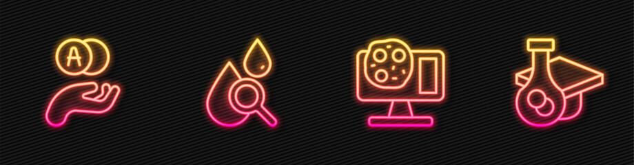 Set line Genetic engineering, Atom, Drop and magnifying glass and Graduation cap. Glowing neon icon. Vector