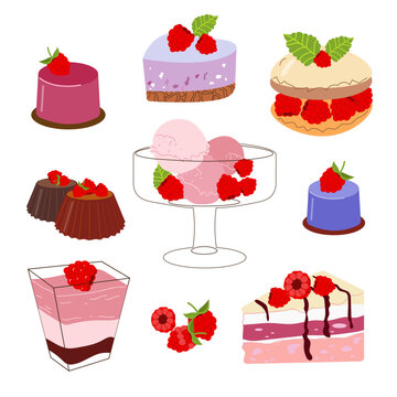 Set of cute vector images of raspberry desserts. Delicious sweets with raspberry flavor. Summer vector illustration.