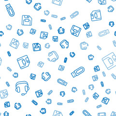 Set line Headphones, USB flash drive and Floppy disk on seamless pattern. Vector