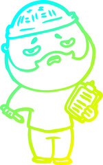cold gradient line drawing of a cartoon worried man with beard