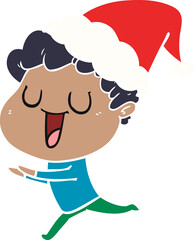 laughing hand drawn flat color illustration of a man running wearing santa hat
