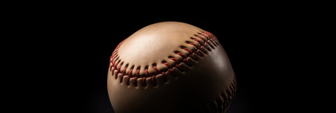 baseball with a vibrant red stitch, extreme close-up on a black background, cinematic orange light, AI