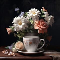 Obraz na płótnie Canvas Coffee Cup Adorned with Beautiful Flowers. Generative AI