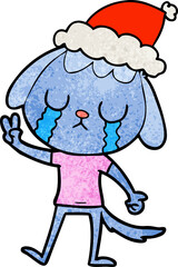 cute hand drawn textured cartoon of a dog crying wearing santa hat