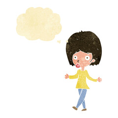 cartoon confused woman with thought bubble