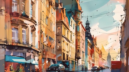 A sun-drenched city, vibrant and full of life, its streets adorned with colorful facades and bright flowers, the sunlight casting playful shadows that dance across the architecture.