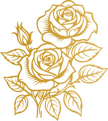 Hand drawn roses. Sketch rose flowers with buds, leaves and stems . golden vintage etching vector botanical isolated on transparent. Illustration of rose petal, sketch botany floral plant, PNG and SVG