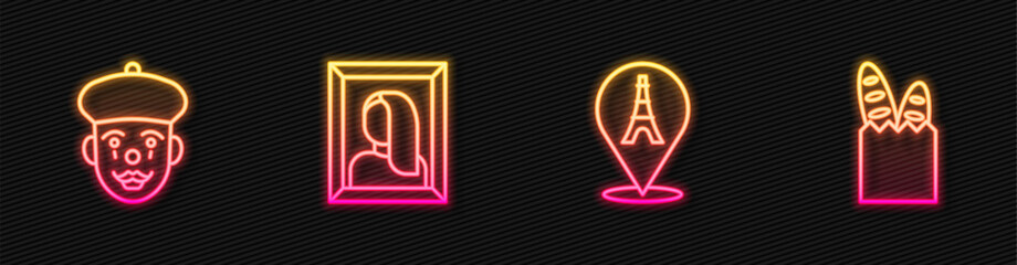 Set line Eiffel tower, French mime, Portrait picture in museum and baguette bread. Glowing neon icon. Vector
