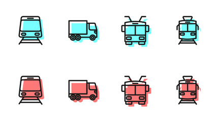 Set line Trolleybus, Train and railway, Delivery cargo truck and Tram icon. Vector
