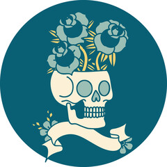 tattoo style icon with banner of a skull and roses