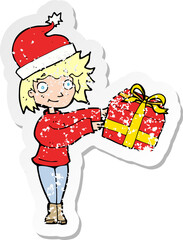 retro distressed sticker of a cartoon woman ready for christmas