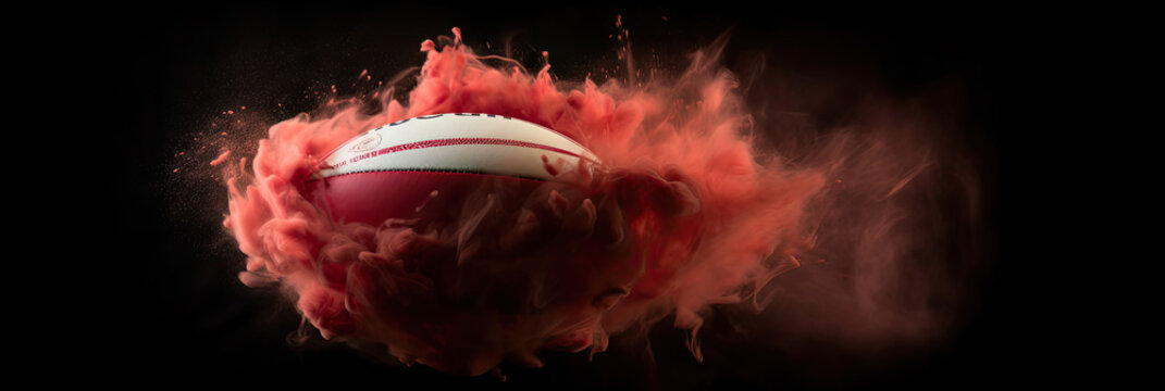 Illustration of a rugby ball in red smoke mid-air during a game, creative graphic banner, on a black background, AI