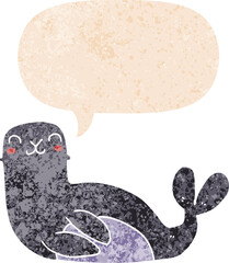 cartoon seal with speech bubble in grunge distressed retro textured style
