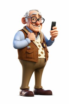Cartoon old man with smartphone, ai generated