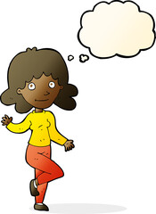 cartoon friendly woman waving with thought bubble