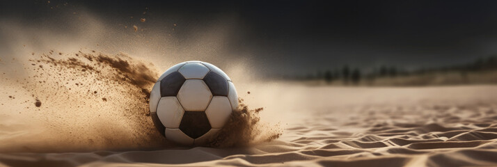 classic back and white soccer ball kicking up sand on a beach, perfect banner for your text, AI - obrazy, fototapety, plakaty
