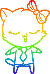 rainbow gradient line drawing of a cartoon cat with bow on head