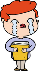 cartoon man crying holding book