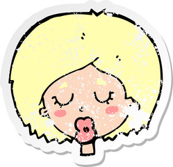 retro distressed sticker of a cartoon woman with eyes closed