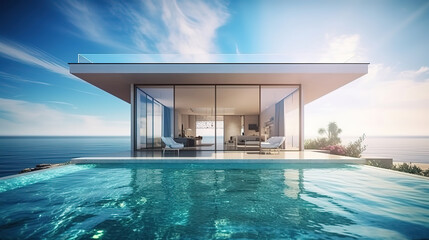 3d rendering Beach Villa Lobby and Living area sea view. Generative Ai