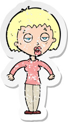 retro distressed sticker of a cartoon woman shrugging shoulders
