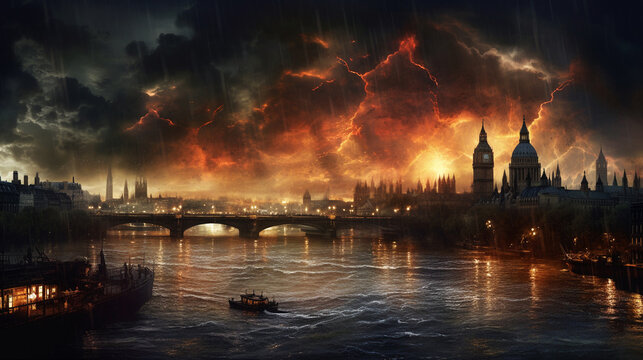  London cityscape with dramatic lighting and a futuristic lightning storm, inspired by JMW Turner , Generative AI