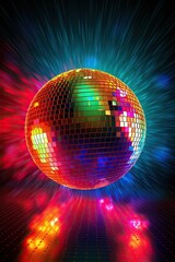 Vertical image of a stunning disco ball with fantastic colorful lights and a vibrant background of colors. Generative AI
