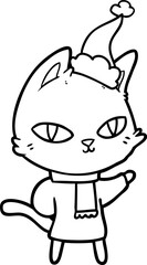 hand drawn line drawing of a cat staring wearing santa hat