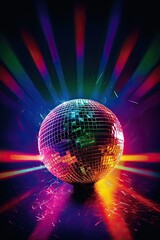 Vertical image of a stunning disco ball with fantastic colorful lights and a vibrant background of colors. Generative AI