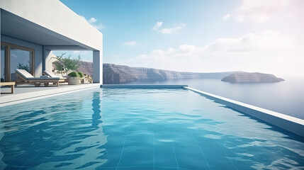 Obraz na płótnie Canvas 3d rendering of a pool with sunbeds in a hotel in Santorini, the Greek island. Generative Ai