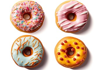 Set of beautiful appetizing multi colored donuts with a beautiful confectionery decor, on white background. Isolated design element, top view, flat lay
