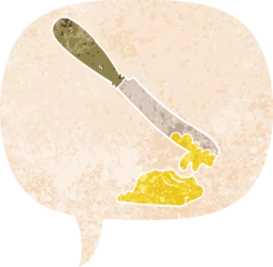 Tuinposter cartoon knife spreading butter with speech bubble in grunge distressed retro textured style © lineartestpilot