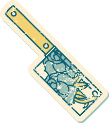 iconic distressed sticker tattoo style image of a cleaver and flowers