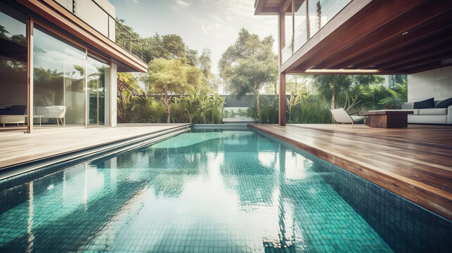Modern villa with pool and deck with interior. Generative Ai © hassanmim2021