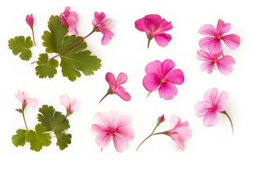 Fototapeta na wymiar Set of pink flowers and geranium petals. Floral isolated design element, top view, flat lay.Set of pink flowers and geranium petals. Floral isolated design element, top view, flat lay