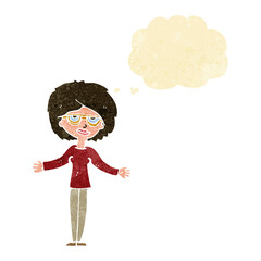 cartoon woman wearing spectacles with thought bubble