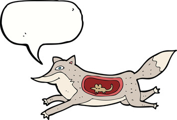 cartoon wolf with mouse in belly with speech bubble