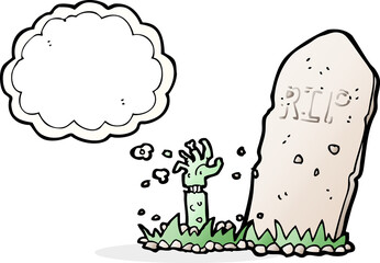 cartoon zombie rising from grave with thought bubble