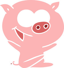 cheerful sitting pig flat color style cartoon