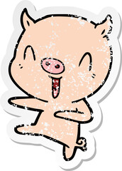distressed sticker of a cartoon pig dancing