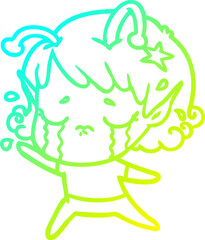 cold gradient line drawing of a cartoon crying alien girl