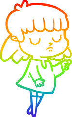 rainbow gradient line drawing of a cartoon indifferent woman