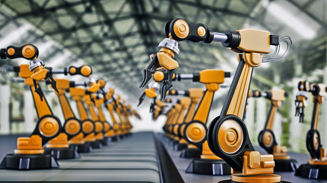 Robotic arms standing in a line inside a factory. 3D illustration