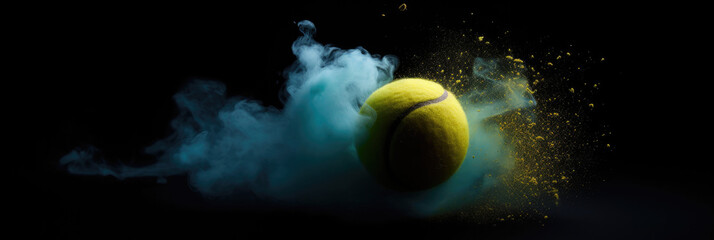 tennis abstract background, creative sport banner of a tennis ball in blue smoke clouds, contrast, AI