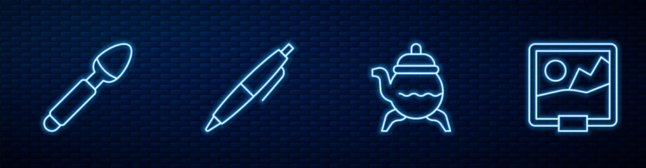 Set line Classic teapot, Silver spoon, Pen and Picture. Glowing neon icon on brick wall. Vector