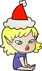 pretty hand drawn textured cartoon of a elf girl wearing santa hat