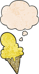 cartoon ice cream with thought bubble in grunge texture style