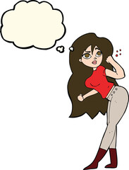 cartoon woman raising fist with thought bubble