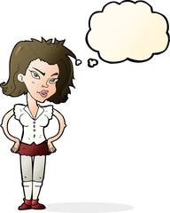 cartoon woman with hands on hips with thought bubble